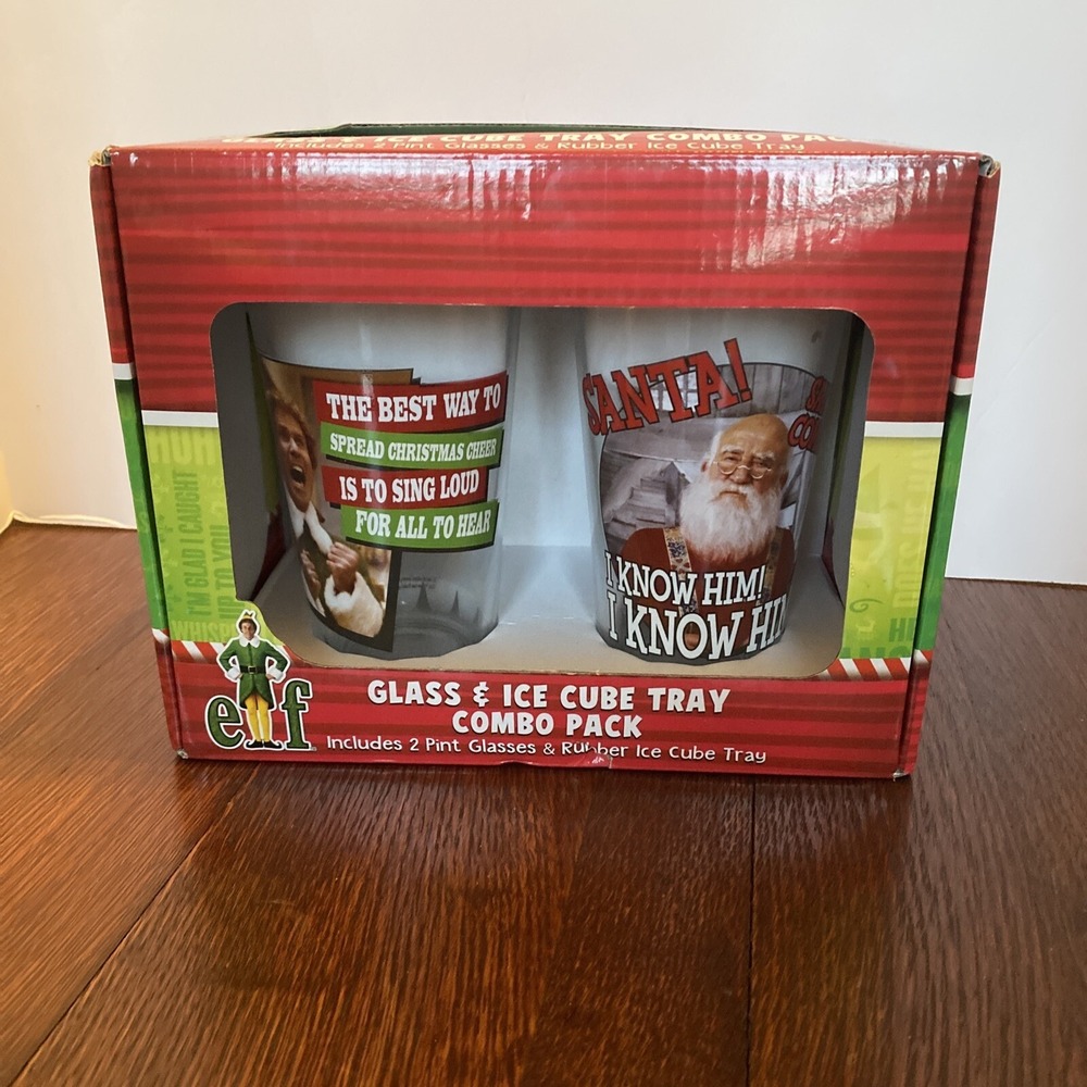 New Elf  Glasses & Ice Cube Tray Combo 16oz Christmas, Sing Loud, I‎ Know Him,